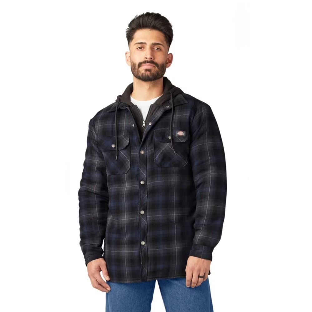 Dickies Mens XL Hooded Quilted Lined Flannel Shirt Jacket Blue Gray Plaid TJ711